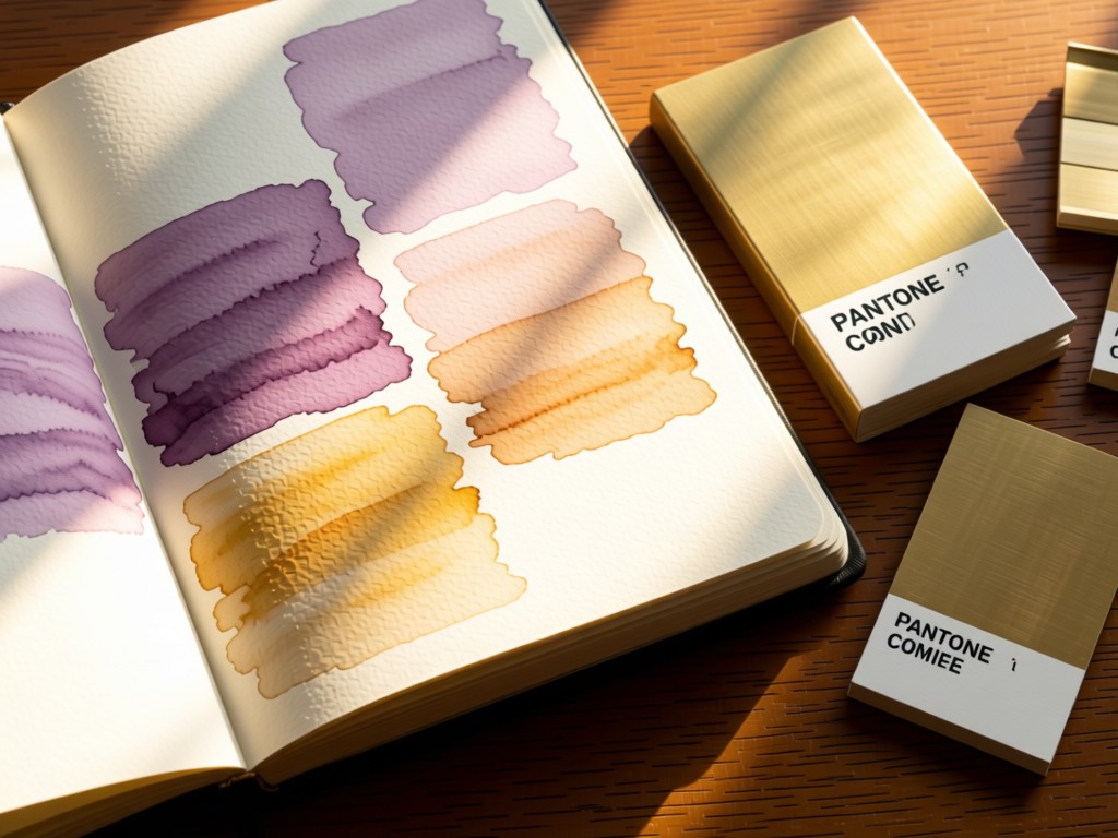 An open sketchbook showing mauve color studies beside a muted brass Pantone swatch book. Golden light streams across the pages, highlighting subtle hue variations. No people.
