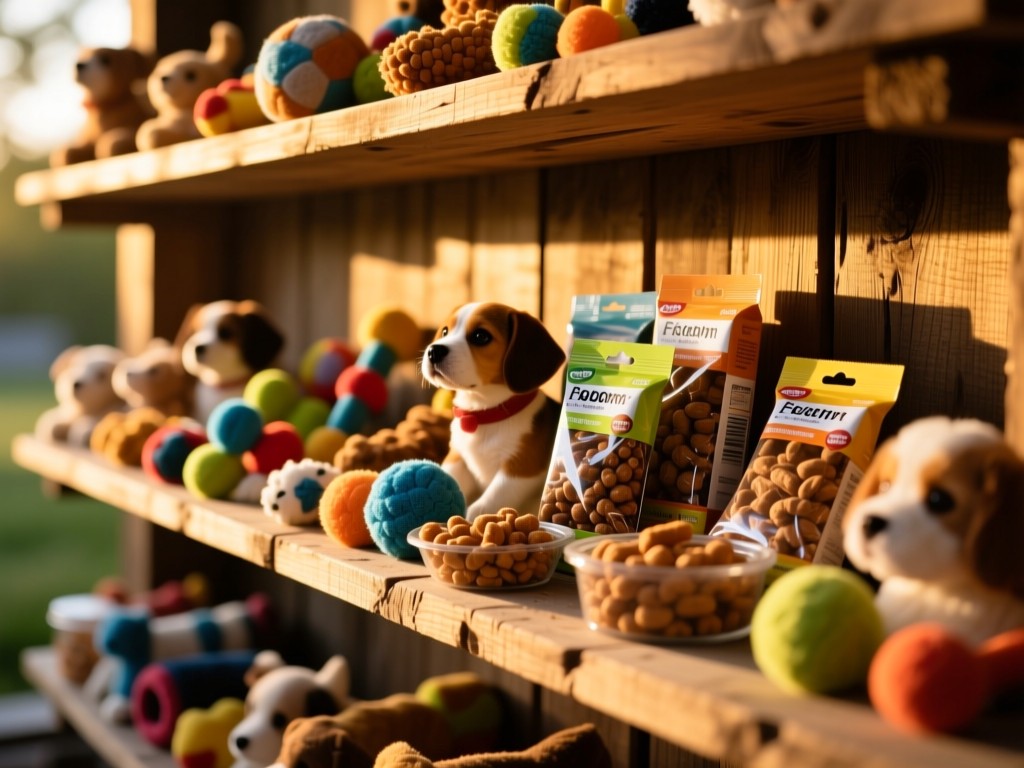 Assorted pet toys and treats arranged neatly on a rustic wooden shelf during golden hour, soft sunlight highlighting textures, shallow depth of field, warm natural lighting, no people.