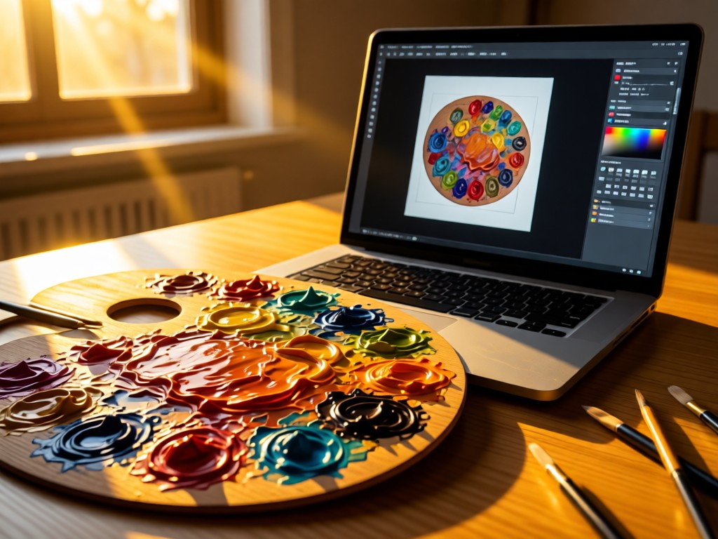 An artist's palette with curated paint blobs beside a sleek laptop showing design tools. Golden light highlights the textures. No people.