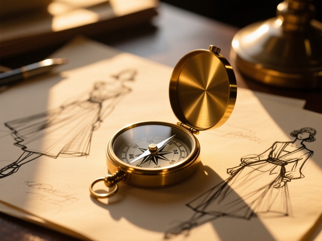A compass on vintage fashion sketches during golden hour, soft light creating long shadows, warm metallic reflections, creative workspace atmosphere, shallow focus, no text.