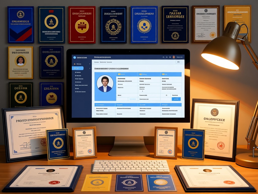 A collection of professional development badges and certificates arranged around a sleek monitor showing a credential library. Warm desk lamp glow. No people.