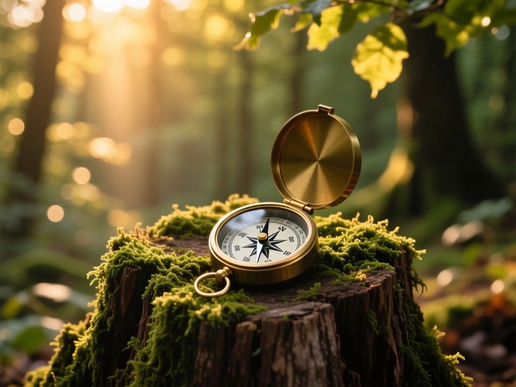 A compass on a mossy tree stump in a sun-dappled forest, golden hour light filtering through leaves, symbolizing discovery, earthy green and amber tones, no text or human elements.