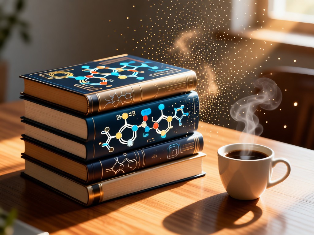 Stylish stack of scientific journals with visible molecular diagrams, next to a steaming coffee cup on a wooden desk. Sunlight highlights dust particles in the air. No people.