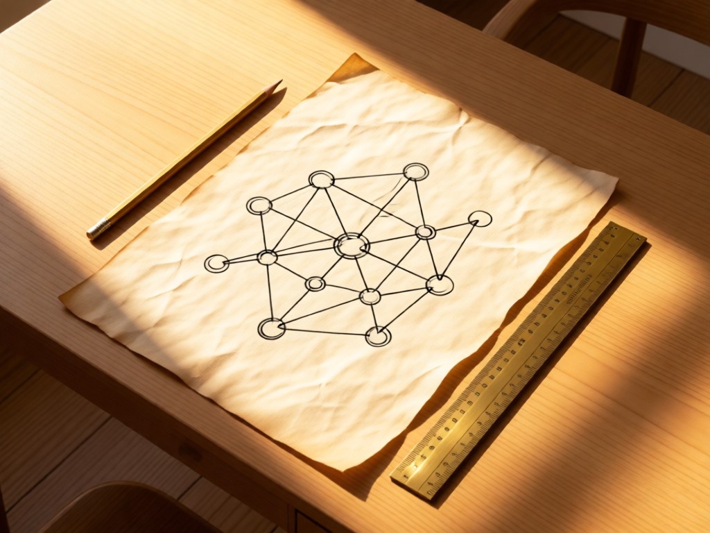 Overhead shot of a minimalist desk with interconnected nodes drawn on parchment. A brass ruler and pencil lie beside it in warm sunlight. Clean composition with negative space.