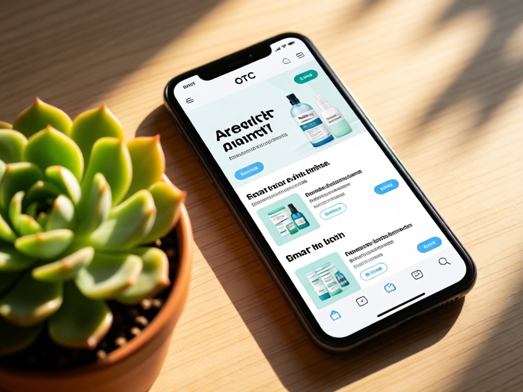 Smartphone displaying a clean OTC product page beside a succulent plant. Sunlight highlights the screen's crisp interface. Shallow depth of field. No people.