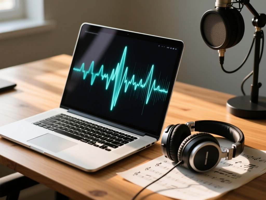 A sleek laptop open on a wooden desk, displaying waveform visuals. Beside it, studio headphones rest on sheet music. Soft afternoon light creates gentle reflections. No people.