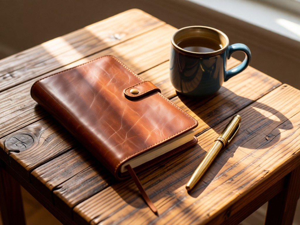 An overhead shot of a curated display: leather notebook, ceramic mug, and brass pen on a reclaimed wood table. Soft shadows emphasize texture. Natural light creates warmth. No people.