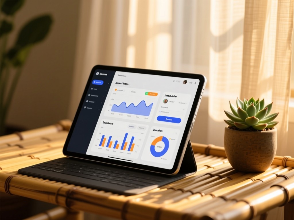 A sleek tablet on a bamboo desk at golden hour, screen displaying categorized impact reports and donation buttons, sunlight filtering through sheer curtains, potted succulent nearby, soft shadows, minimalist layout.