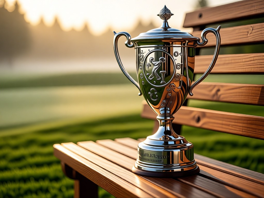An engraved silver golf trophy reflecting morning sun on a wooden clubhouse bench. Blurred background shows a misty golf course. Warm, aspirational lighting.
