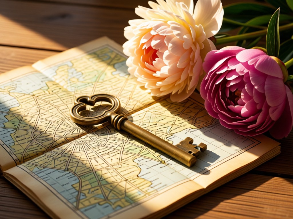 A vintage brass key resting on a folded Paris map beside blooming peonies. Warm afternoon light creates depth. No people.
