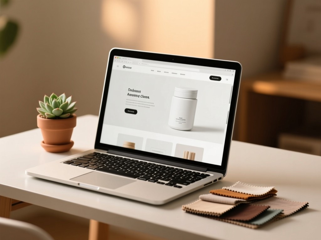 A minimalist desk setup with an open laptop showing a clean product page. Beside it, a small potted succulent and fabric swatches. Soft focus background with warm lighting. No people.