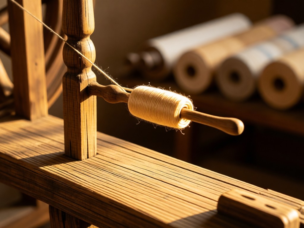 A single silk thread spooled on a vintage wooden charkha in golden hour. Focus on the delicate thread against weathered wood. Symbolizes heritage and craftsmanship. Blurred fabric rolls in background. No people.