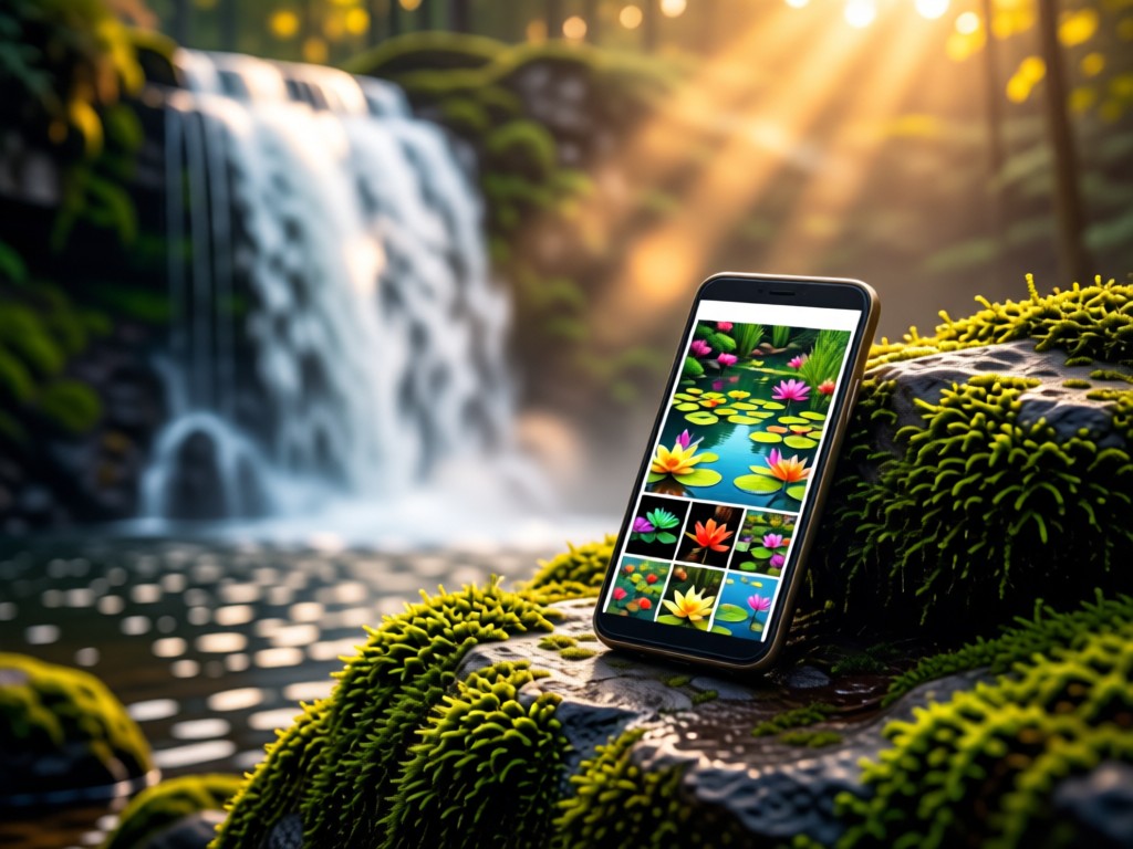 A smartphone resting on mossy rocks beside a cascading waterfall feature. Screen displays a vibrant pond portfolio. Soft mist in golden hour light. No people.
