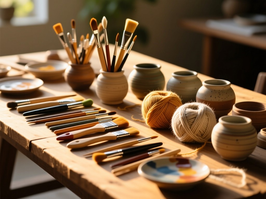 Assorted crafting tools neatly arranged on a sunlit wooden table during golden hour: paintbrushes, yarn skeins, and handmade ceramics, soft shadows, shallow depth of field, warm natural lighting, no people.