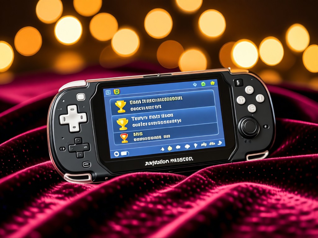 PlayStation Vita screen showing trophy notifications, resting on a velvet cloth. Warm bokeh lights in background. No people.