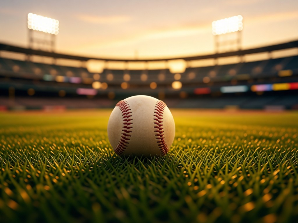 An aerial view of a single baseball resting in center field grass during golden hour. Stadium lights glow softly in blurred background. Symbolizes focus and cherished possessions. No people.