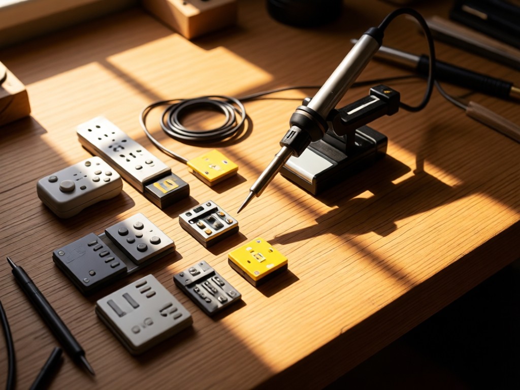 Overhead shot of a soldering iron and Wii components arranged neatly on a wooden workbench. Warm light creates long shadows emphasizing craftsmanship. No people.