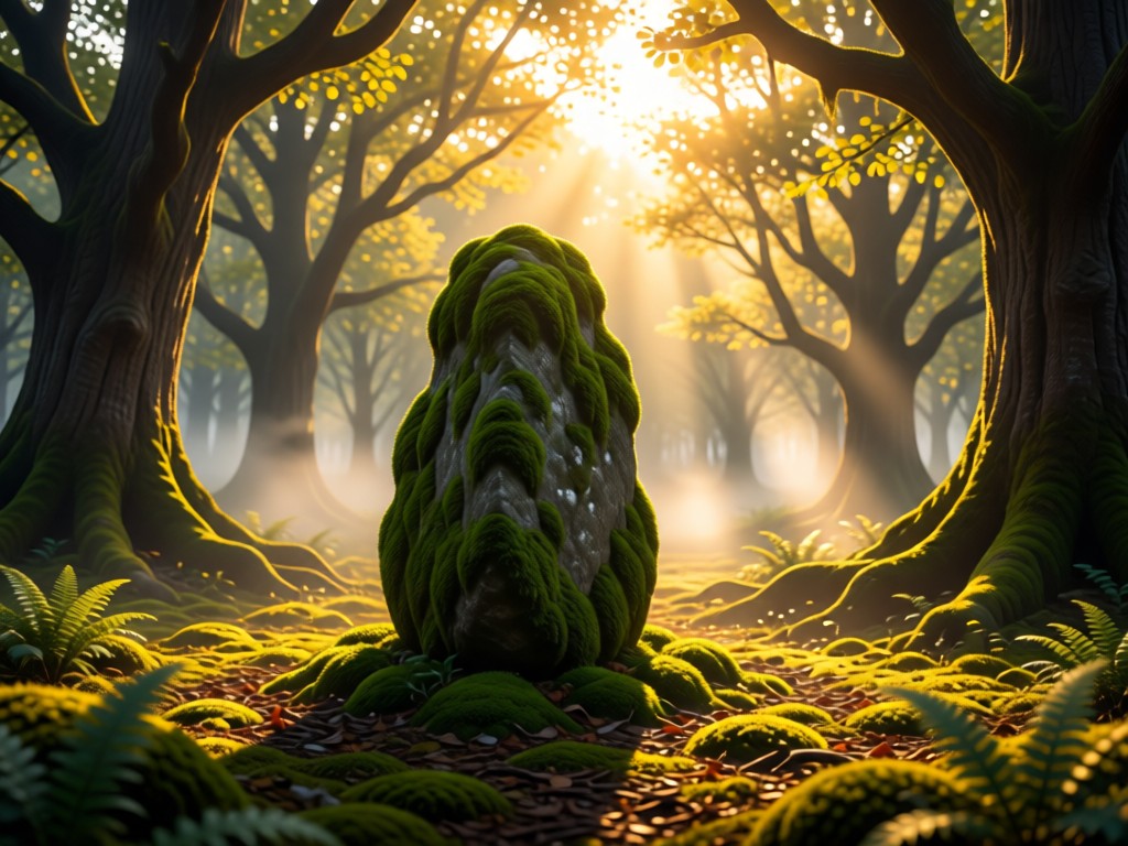 A single moss-covered standing stone in a sunlit forest clearing. Fog drifts between ancient trees. Symbolizes grounding and digital permanence. Golden hour warmth. No people.