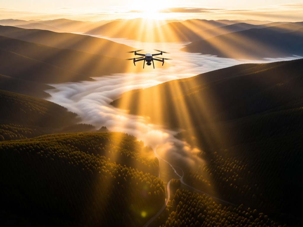 Aerial view of a single drone ascending through sunbeams over misty valleys. Symbolizes growth and perspective. Golden hour lighting creates dramatic shadows. No people.