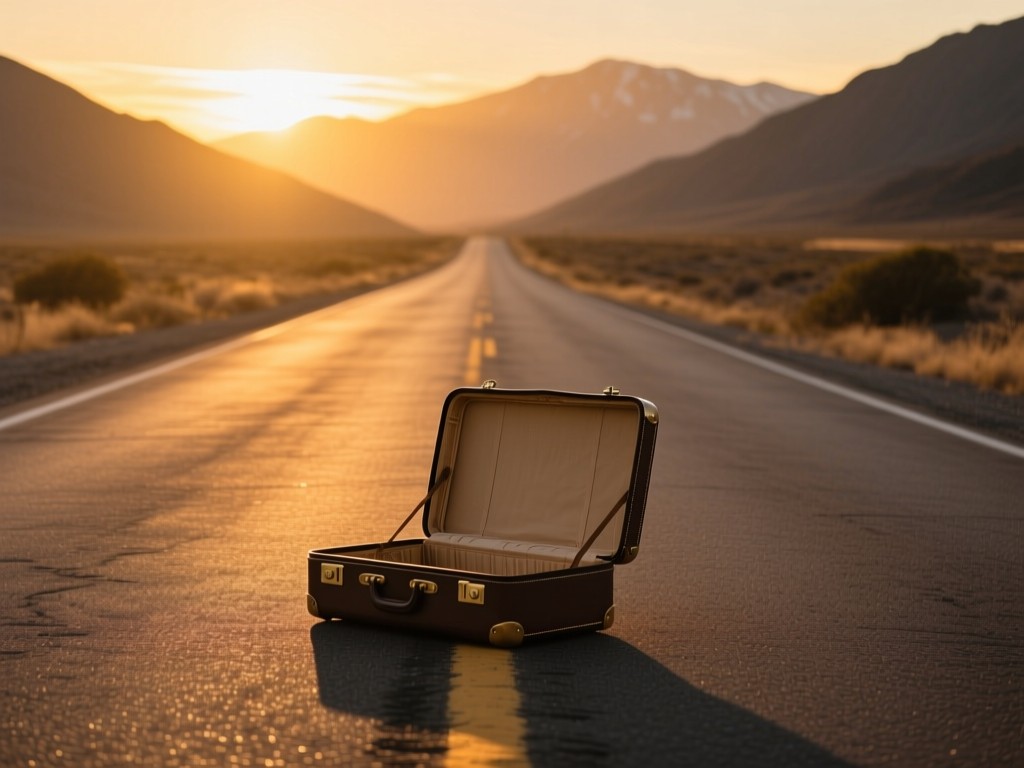 A single vintage suitcase open on a deserted road stretching toward mountains at golden hour, warm sunset glow, long shadows, symbolic of journey and discovery, minimalist composition, no people.
