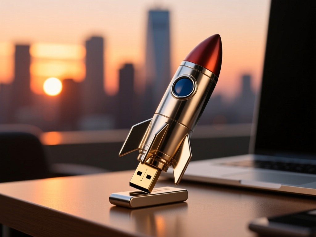 A rocket-shaped USB drive launching from a desk against a blurred city skyline at dusk. Warm sunset colors with metallic reflections.