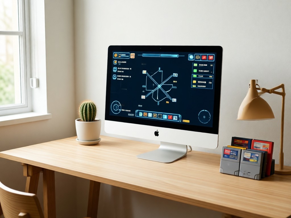 A minimalist desk with a monitor displaying a clean game interface. Beside it, a small potted cactus and vintage game cartridges arranged neatly. Soft natural lighting.