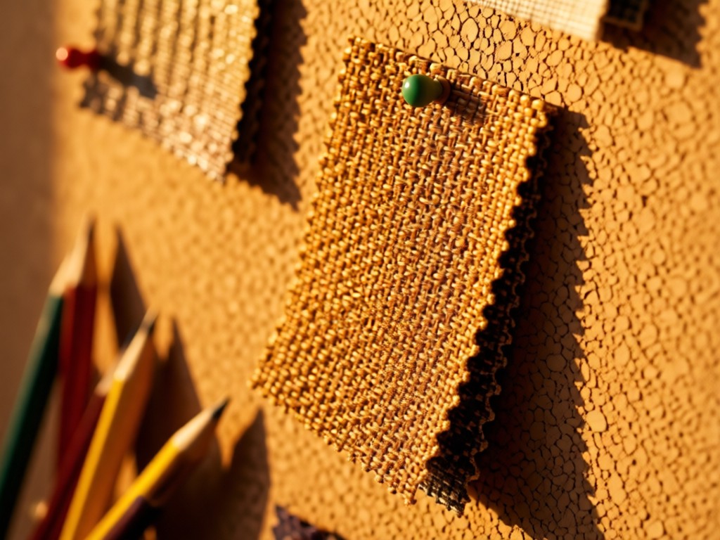 Close-up of textured fabric swatches pinned to a corkboard. Golden hour light highlights weave details. Scattered sketch pencils in background. Warm tones. No people.