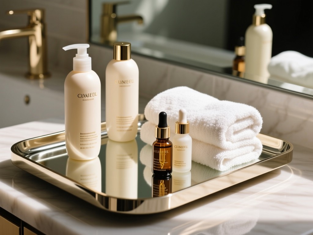 A curated arrangement of luxury salon products on a mirrored tray: shampoo bottles, serum droppers, and folded towels. Natural light highlights textures and reflections. Clean, aspirational aesthetic. No people.