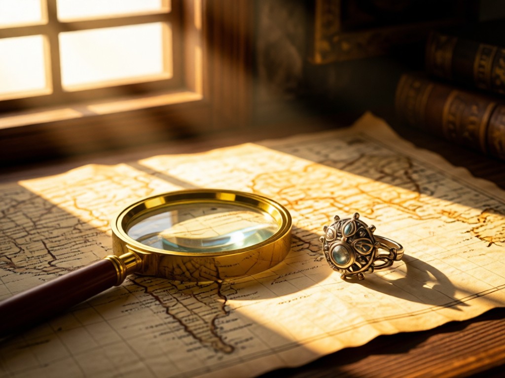 Magnifying glass resting on a map beside a delicate Pandora ring. Warm sunlight filters through nearby window onto aged paper texture. Discovery-themed composition. No people.