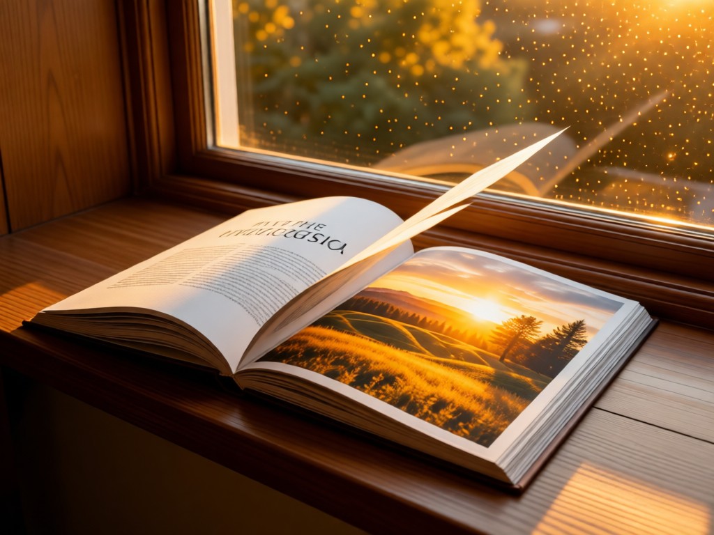 An open hardcover photography book on a windowsill at sunset. One page shows a landscape photo, glowing with golden hour light. The scene symbolizes curated presentation.
