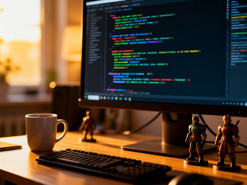 Close-up of a programmer's desk with code snippets on a monitor. A coffee mug and game asset figurines in soft focus. Golden hour lighting. No people.