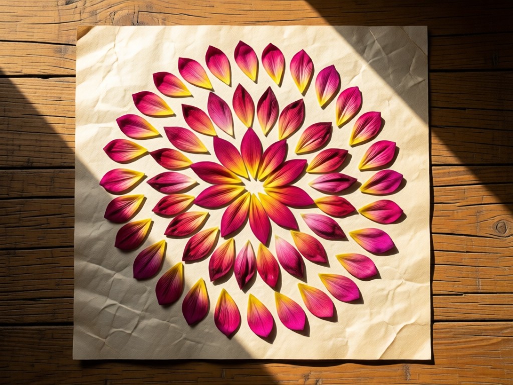 An overhead shot of pressed rasheeda petals arranged in circular patterns on handmade paper. Natural light highlights the delicate textures and vibrant colors against a rustic wooden table. No people.