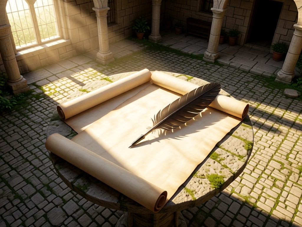 An aerial view of a single quill pen resting on a blank parchment scroll in a sunlit stone courtyard. Symbolizes scholarly potential and focused expression. No people.