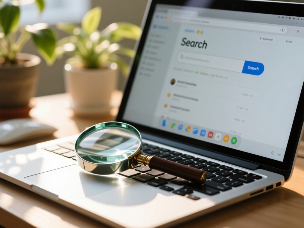 Magnifying glass resting on laptop keyboard with search results visible. Soft focus on desk plants in afternoon sun. No people.