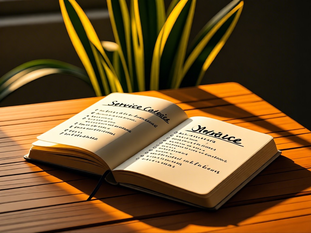 An open notebook showing handwritten service categories on a wooden desk. Golden hour light highlights the pages. Plant in background adds natural texture. No people.