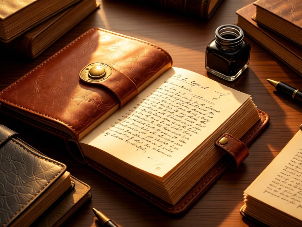 An aerial view of a leather-bound journal open to a handwritten page. Sunlight hits the paper beside an inkwell. Symbolizes unified storytelling. Golden hour tones. No people.