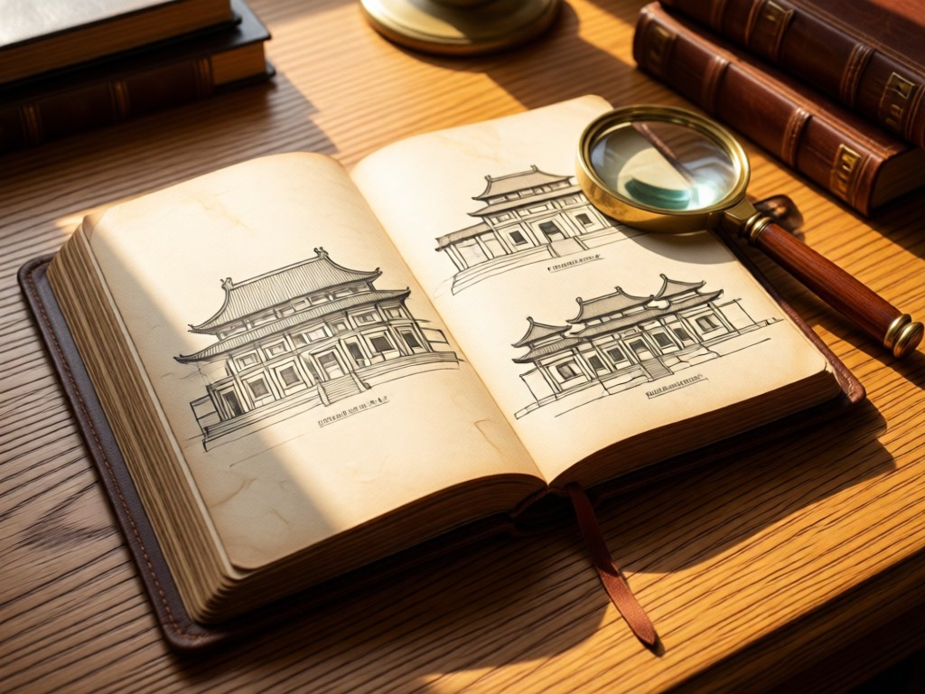 An open leather-bound sketchbook displaying palace architectural drawings. A vintage magnifying glass rests beside it on a sunlit oak desk. Warm natural light highlights paper textures.