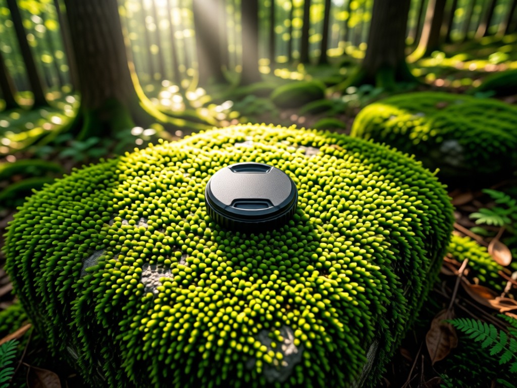 An aerial view of a single camera lens cap centered on a vibrant moss-covered stone in a forest. Sunbeams filter through trees creating dappled light. Symbolizes focus. No people.