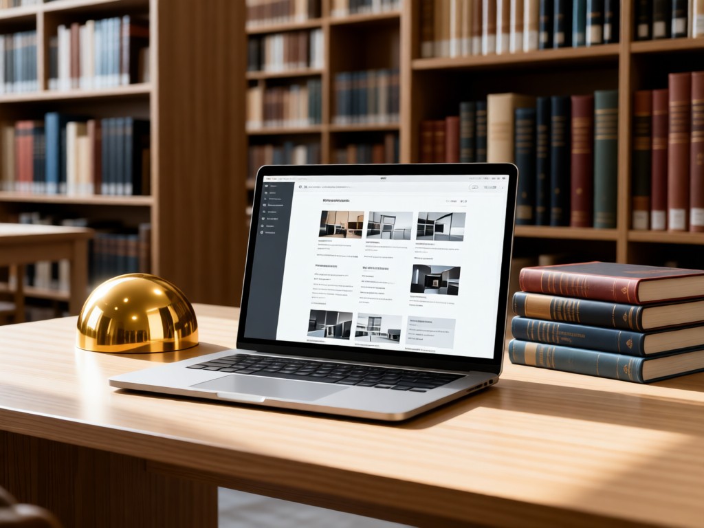 A minimalist desk with an open laptop showing a clean portfolio template. Beside it, a golden dome paperweight and stacked academic journals bathed in soft library light. No people.