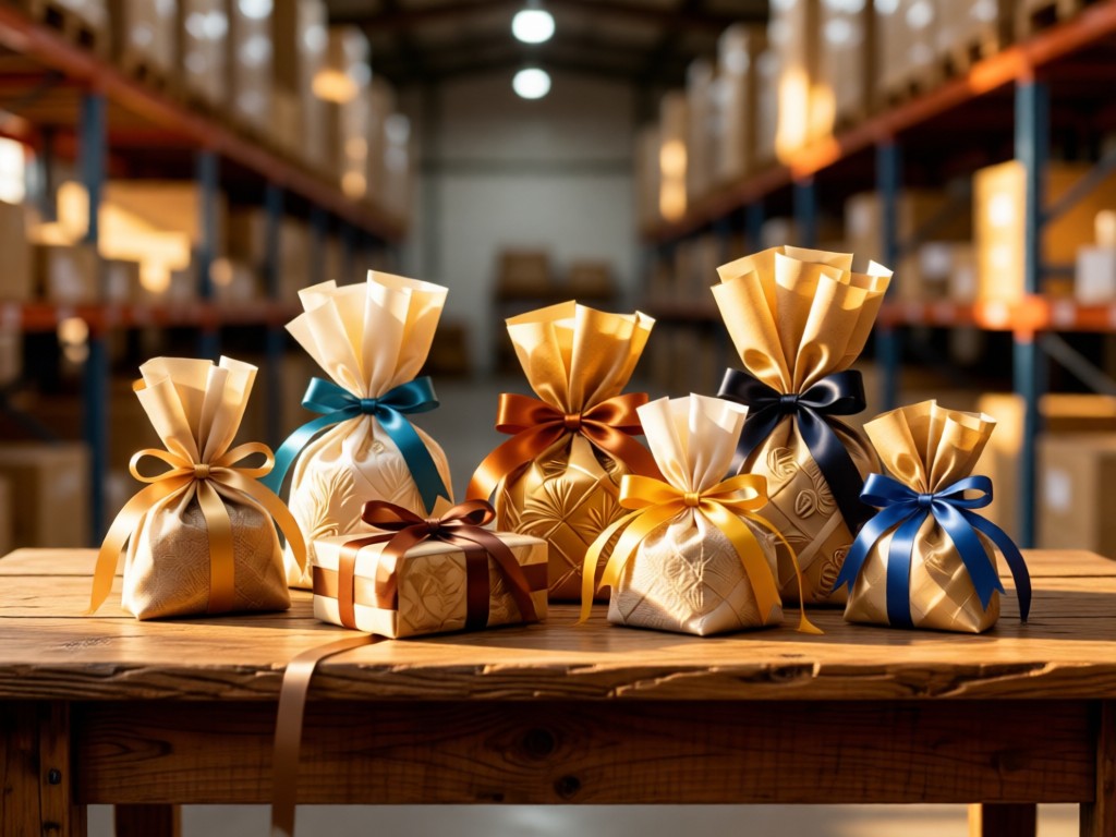 Stylishly arranged product bundles tied with ribbon on a rustic wooden table. Golden hour lighting emphasizes texture and cohesion. Background shows soft bokeh of warehouse shelves. No people.