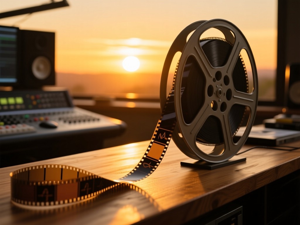 Film reels unfurling toward a golden sunset on a wooden editing table, light catching the celluloid texture, symbolic of discovery opportunities, warm tones, no text.