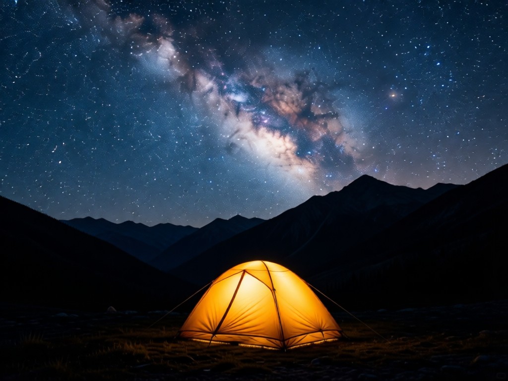 A lone tent under starry night sky. Milky Way above with warm tent glow. Mountains silhouetted. Symbolizes focus and essential tools. No people.
