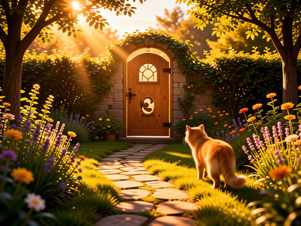 A sunny garden path leading to a pet-friendly door. Golden hour light creates warmth. Symbolizes discovery and growth. No people.