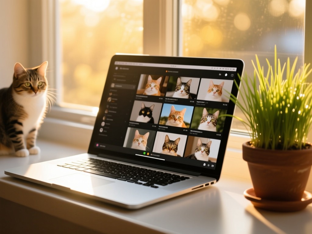 A sleek laptop on a sunlit windowsill, screen showing organized cat photos/videos, golden hour light filtering through, potted cat grass nearby, shallow depth of field.