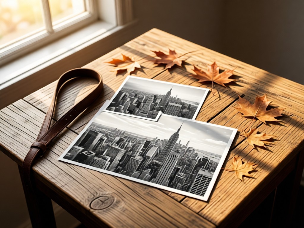 A mood board featuring black-and-white NYC skyline prints, a leather camera strap, and maple leaves on a reclaimed wood table. Soft window light creates warm highlights. No people.