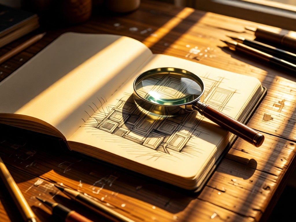 An open sketchbook with a magnifying glass resting on a detailed pencil drawing. Golden hour light creates long shadows on a rustic worktable. No people.