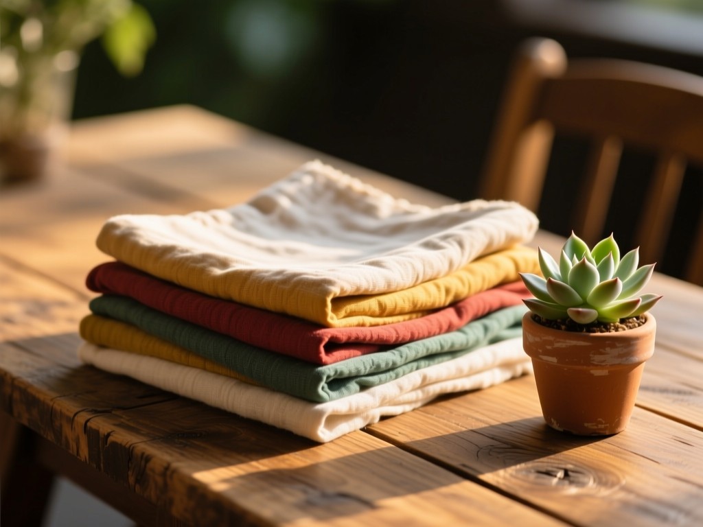Neatly folded linen fabrics in seasonal colors on a rustic wooden table, golden hour light highlighting textures, shallow depth of field, small potted succulent nearby, no text.