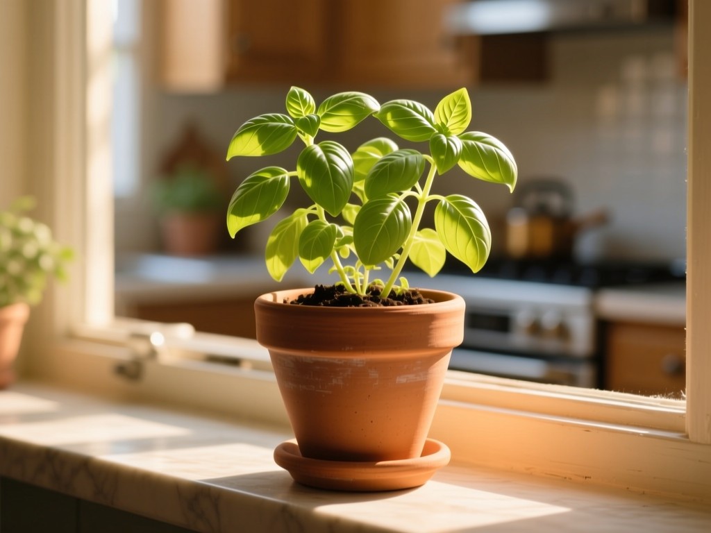A single terracotta pot with thriving basil on a sunlit windowsill, golden hour glow highlighting vibrant leaves against blurred kitchen backdrop, symbolizing organic growth.
