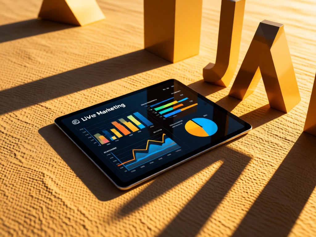A tablet showing live marketing metrics beside abstract geometric shapes. Golden hour light casts long shadows across a textured surface. Dynamic and professional. No people.