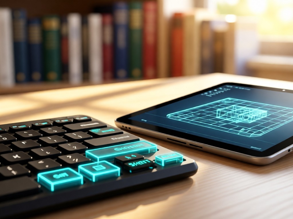 A clean keyboard with glowing shortcut keys beside a wireframe model on a tablet. Soft focus on a blurred background of reference books. Morning light enhances clarity. No people.